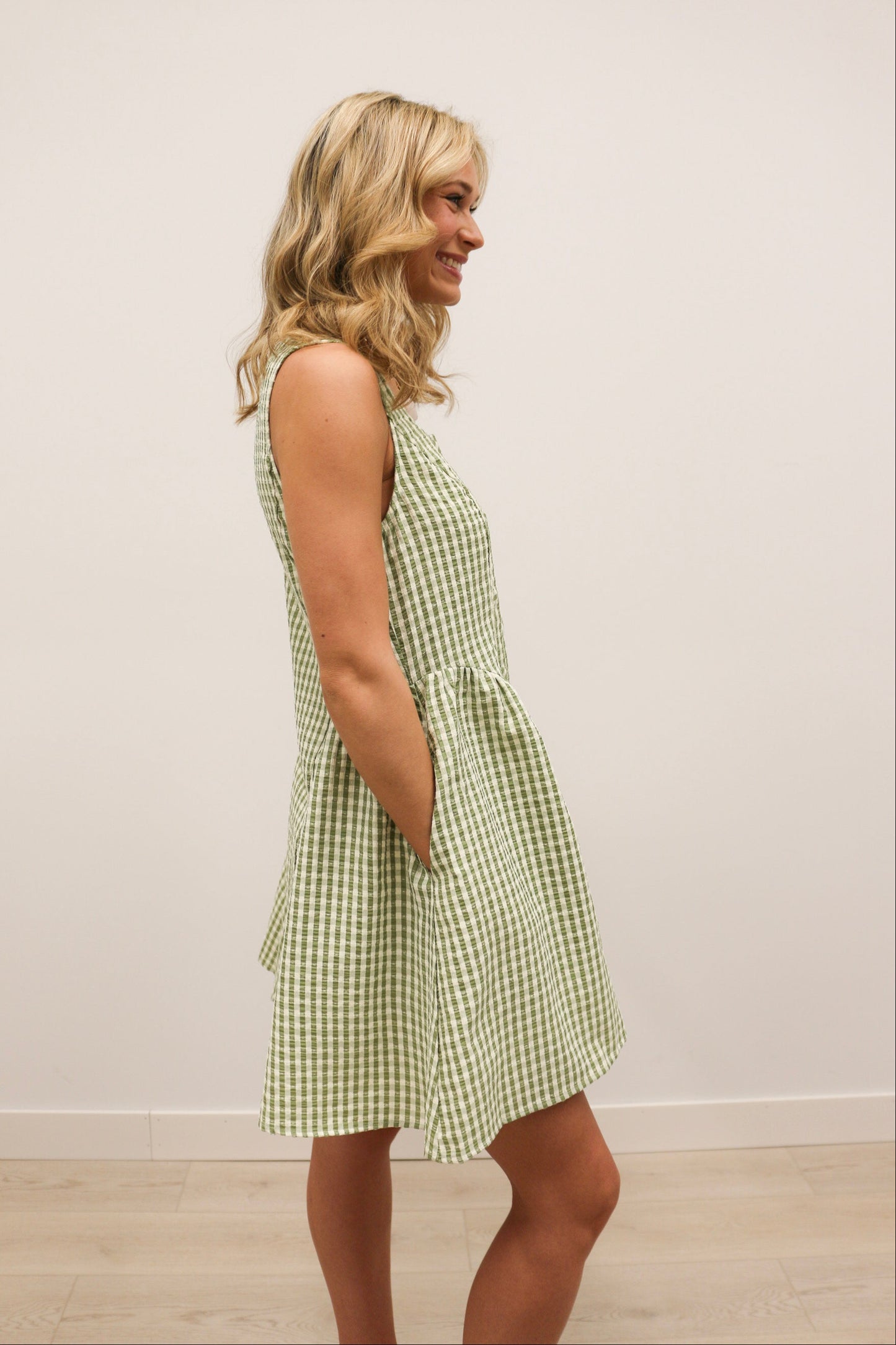 Sydney Button Front Gingham Print Sleeveless Mini Dress - Matcha Green