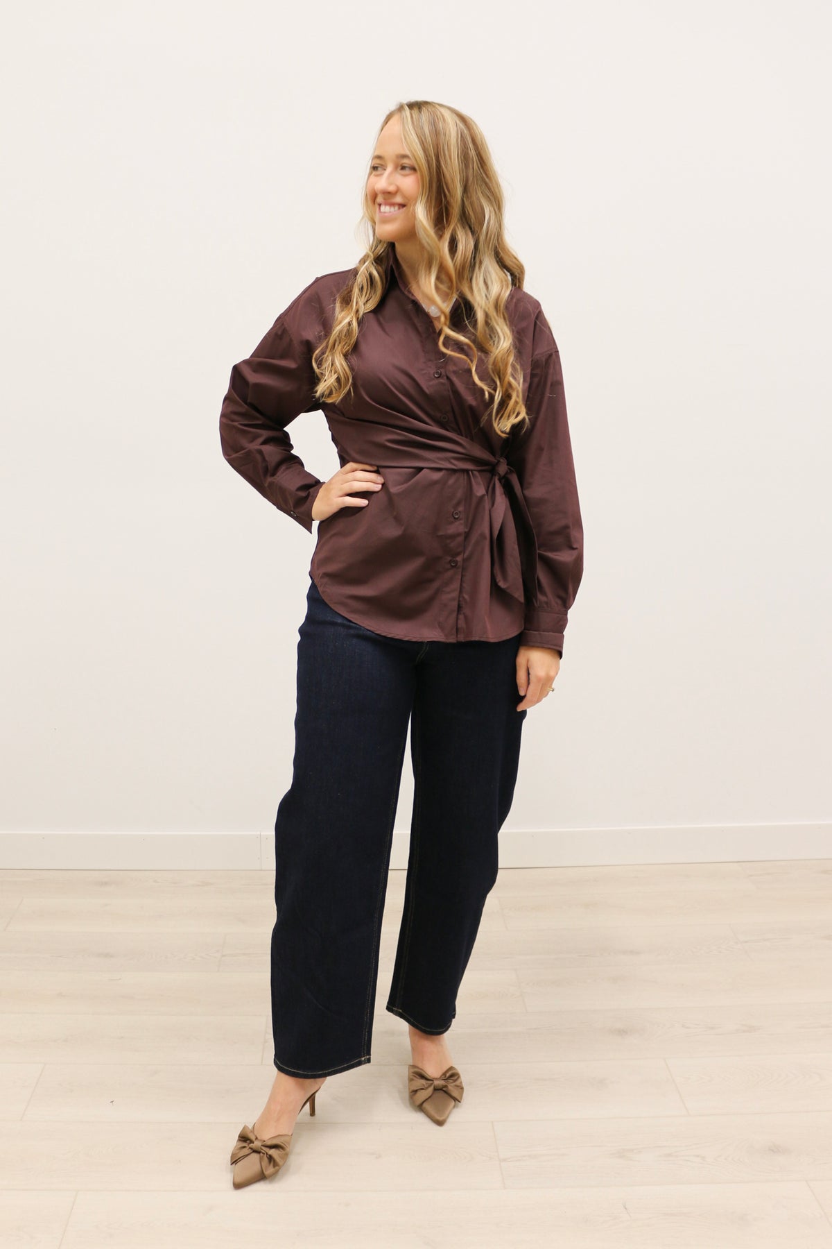 Sylvia Wrap Waist Long Sleeve Collared Button Up - Brown