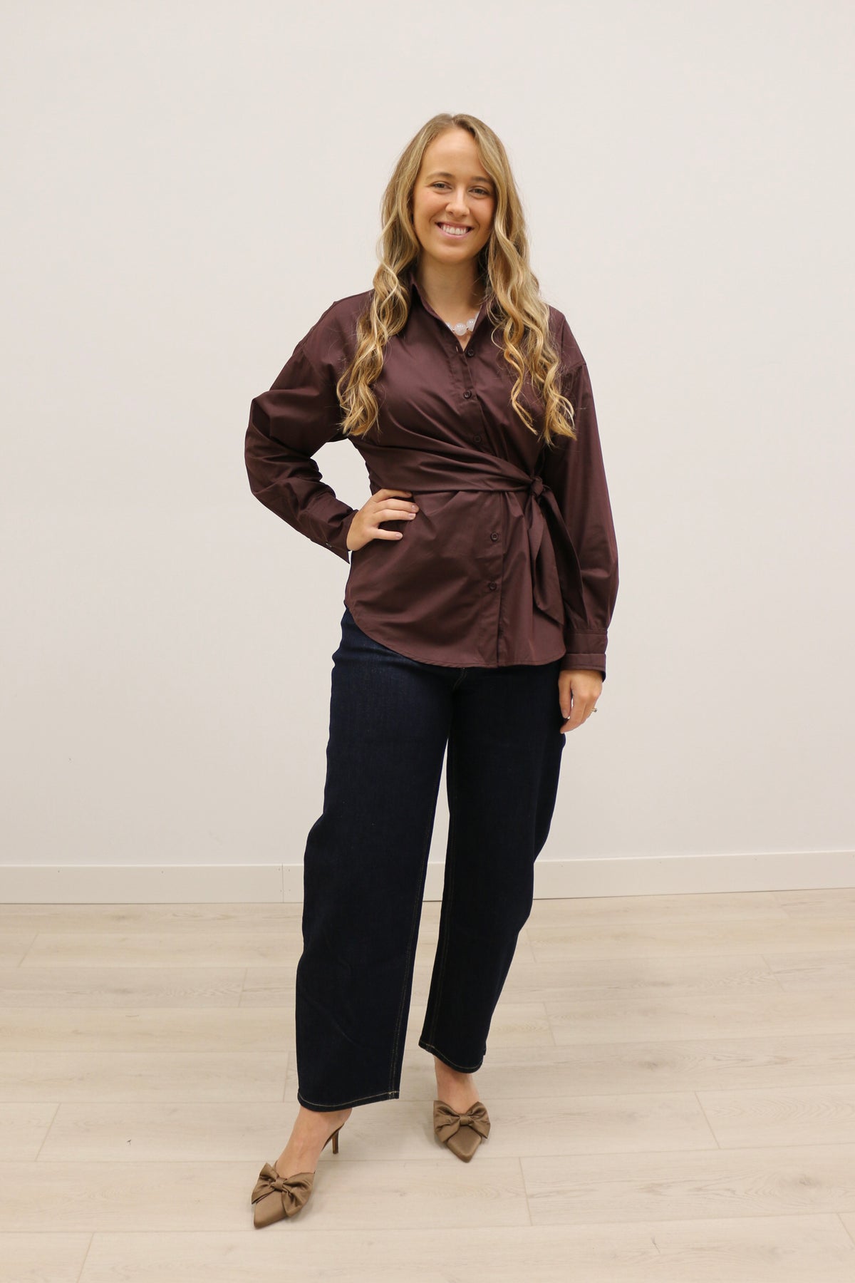 Sylvia Wrap Waist Long Sleeve Collared Button Up - Brown