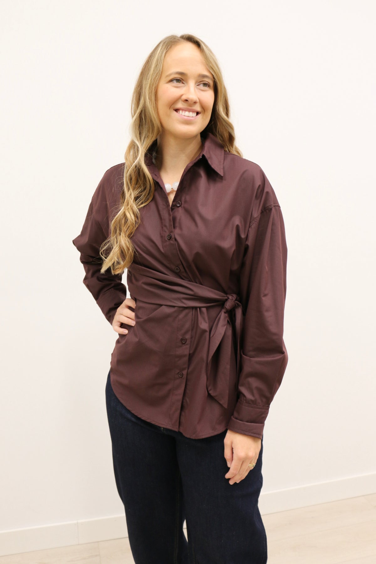 Sylvia Wrap Waist Long Sleeve Collared Button Up - Brown