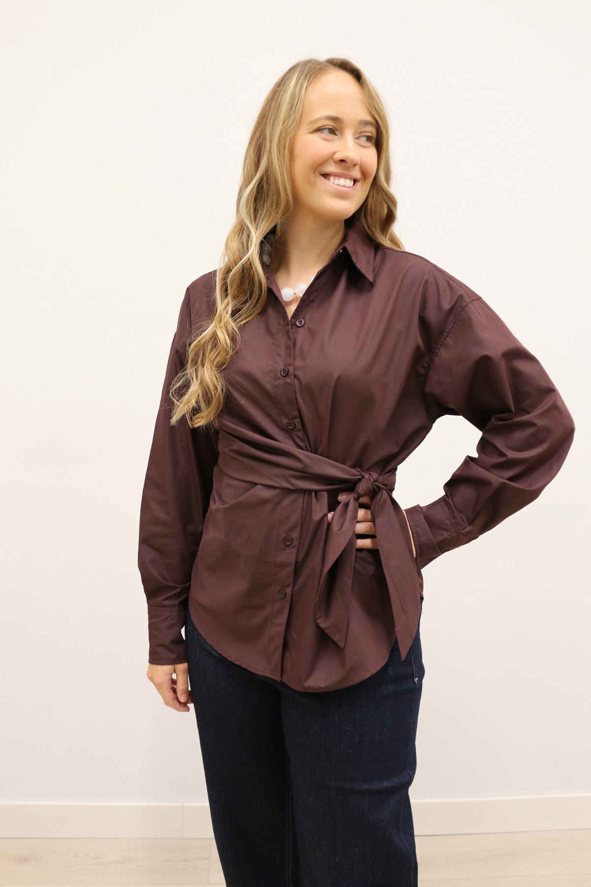 Sylvia Wrap Waist Long Sleeve Collared Button Up - Brown