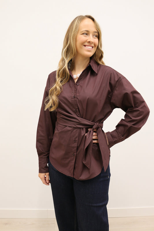 Sylvia Wrap Waist Long Sleeve Collared Button Up - Brown