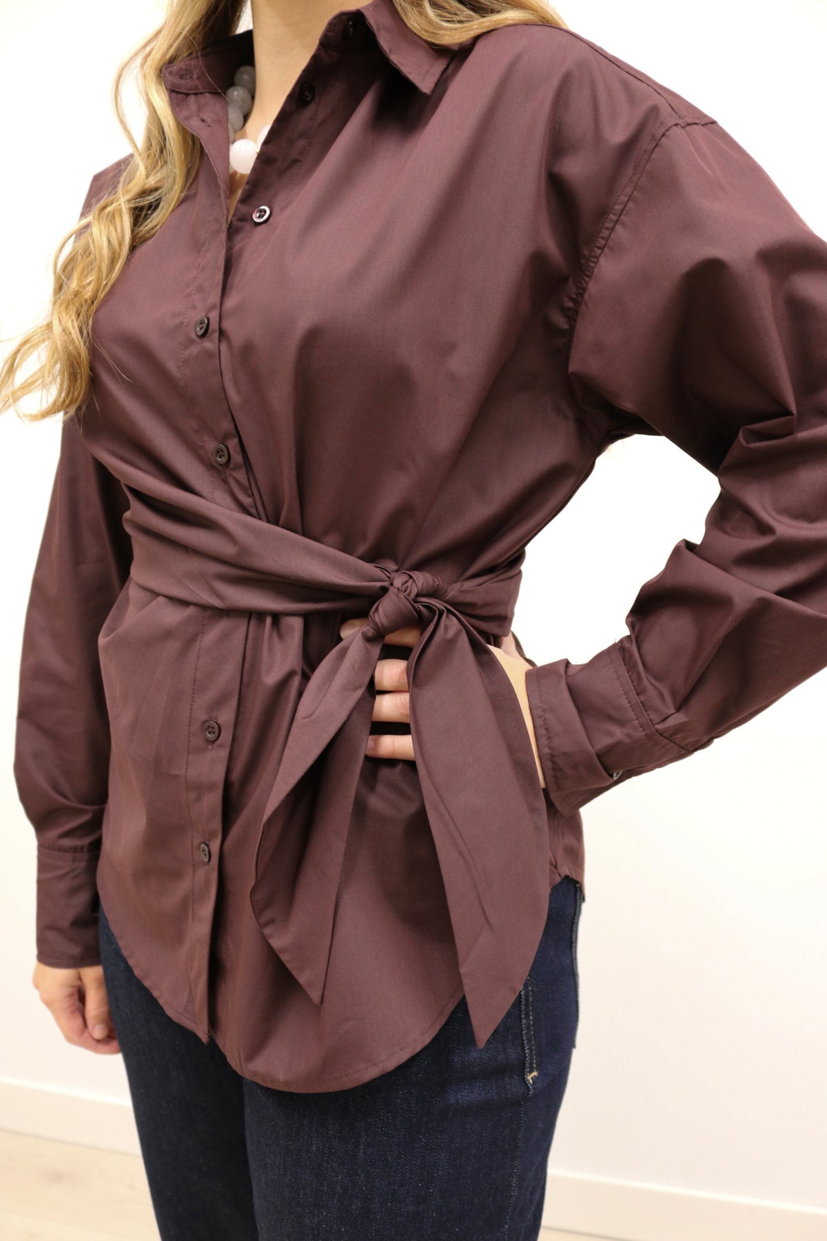 Sylvia Wrap Waist Long Sleeve Collared Button Up - Brown