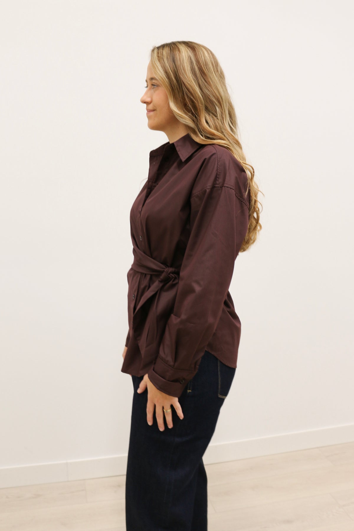 Sylvia Wrap Waist Long Sleeve Collared Button Up - Brown
