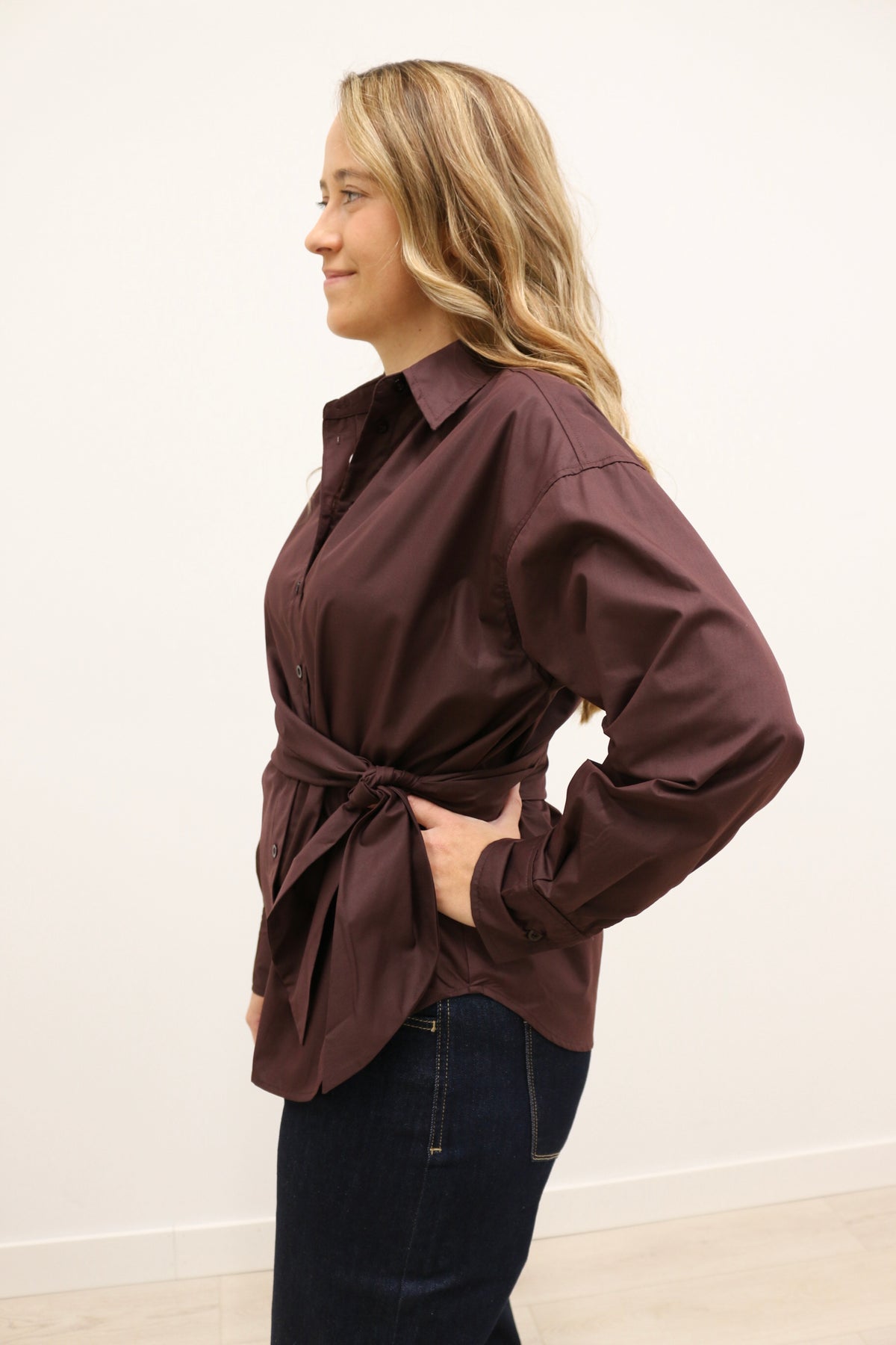 Sylvia Wrap Waist Long Sleeve Collared Button Up - Brown