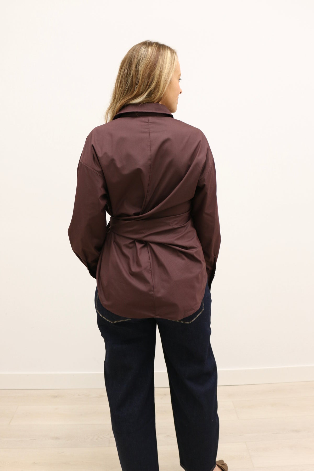 Sylvia Wrap Waist Long Sleeve Collared Button Up - Brown