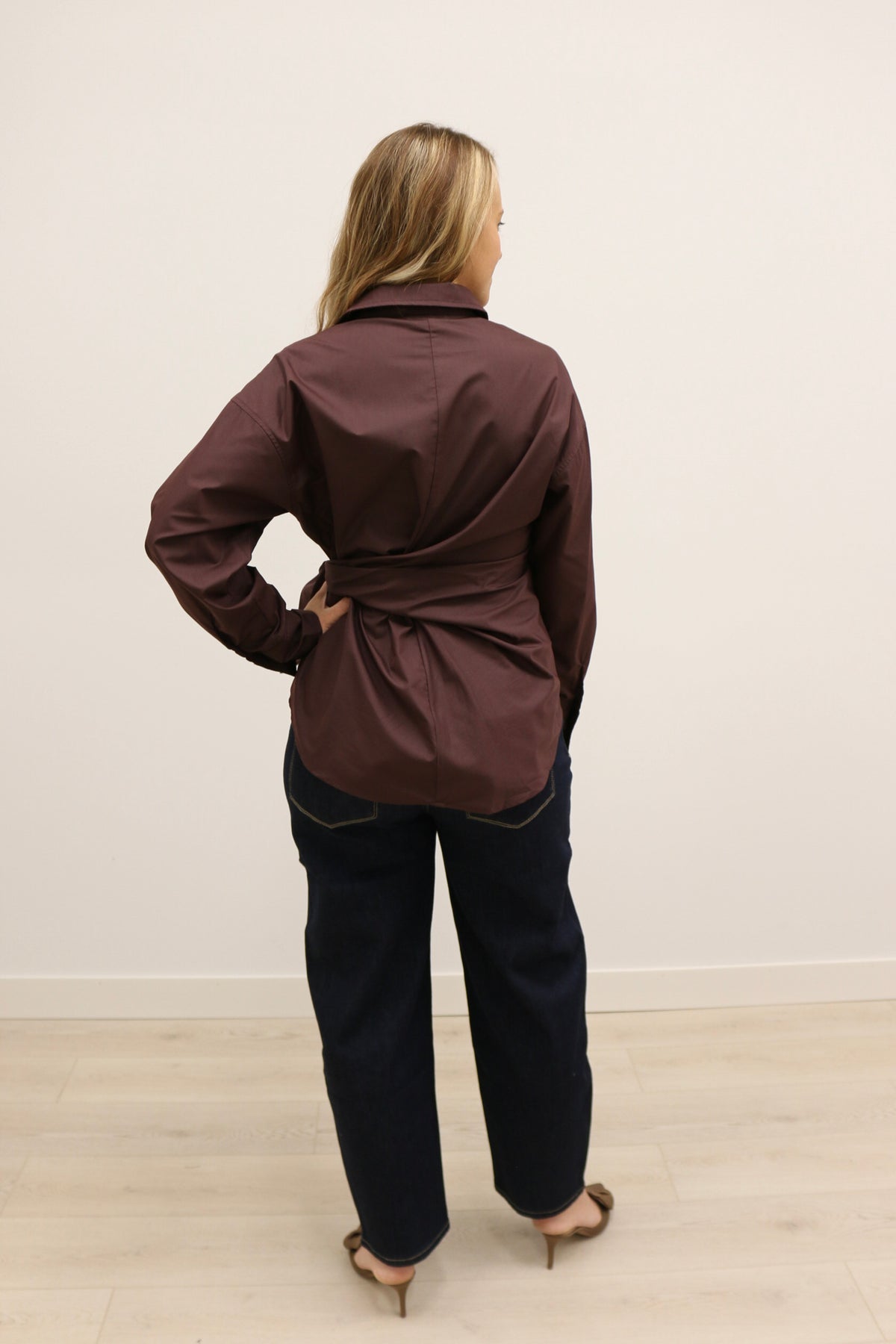 Sylvia Wrap Waist Long Sleeve Collared Button Up - Brown