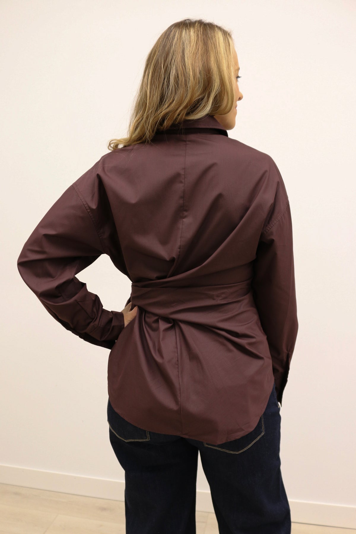 Sylvia Wrap Waist Long Sleeve Collared Button Up - Brown