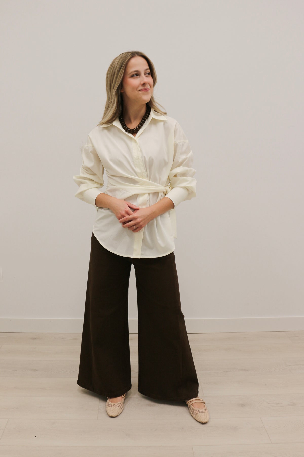 Sylvia Wrap Waist Long Sleeve Collared Button Up - Ecru