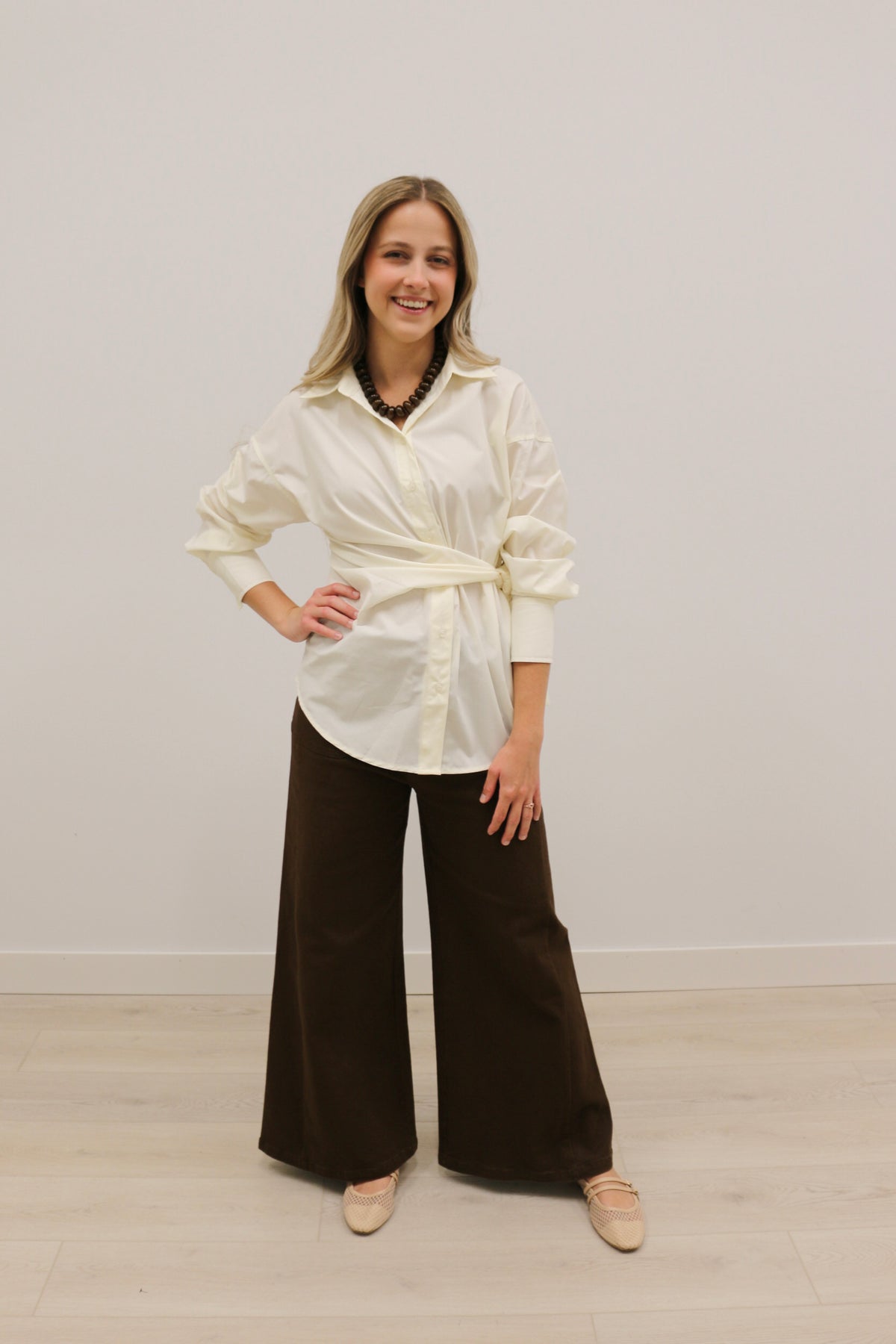 Sylvia Wrap Waist Long Sleeve Collared Button Up - Ecru