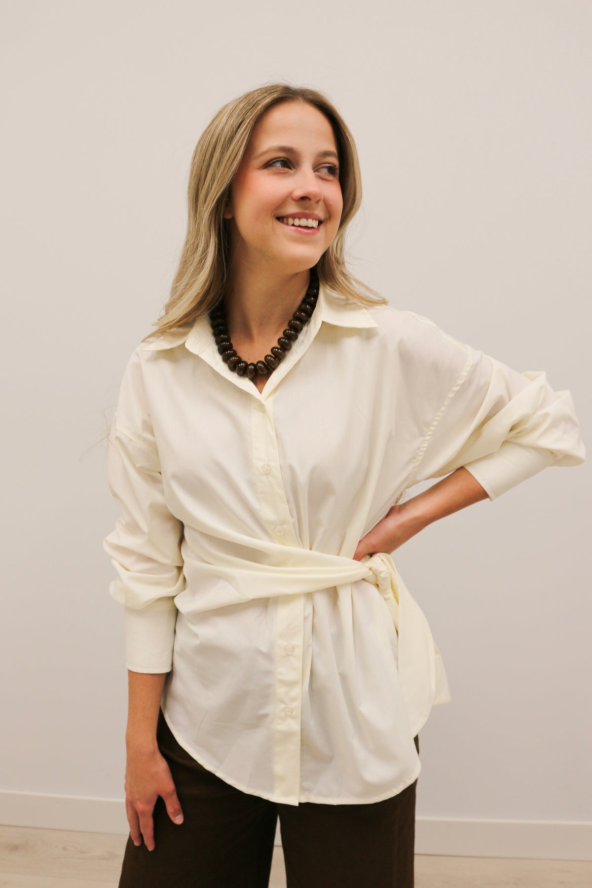 Sylvia Wrap Waist Long Sleeve Collared Button Up - Ecru