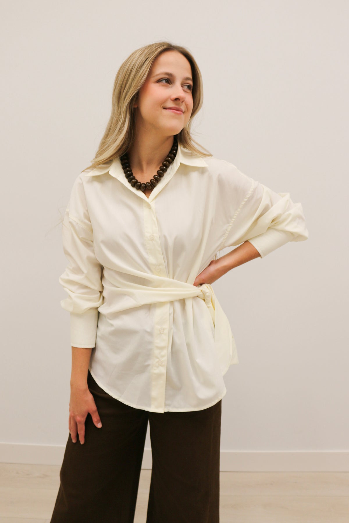 Sylvia Wrap Waist Long Sleeve Collared Button Up - Ecru
