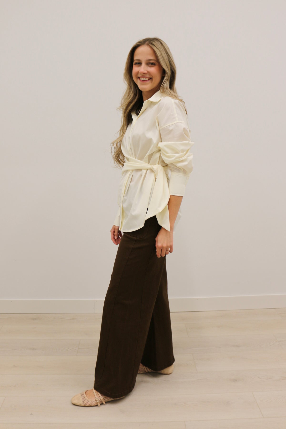 Sylvia Wrap Waist Long Sleeve Collared Button Up - Ecru