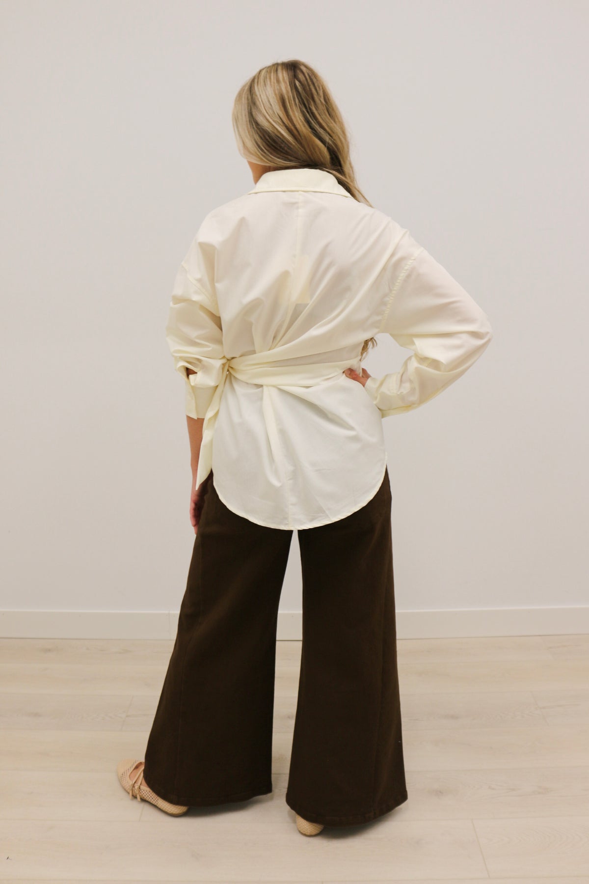 Sylvia Wrap Waist Long Sleeve Collared Button Up - Ecru