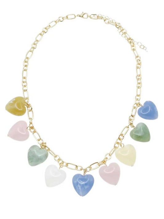 Tabbie Chain Heart Charm Necklace - Pastel Multi