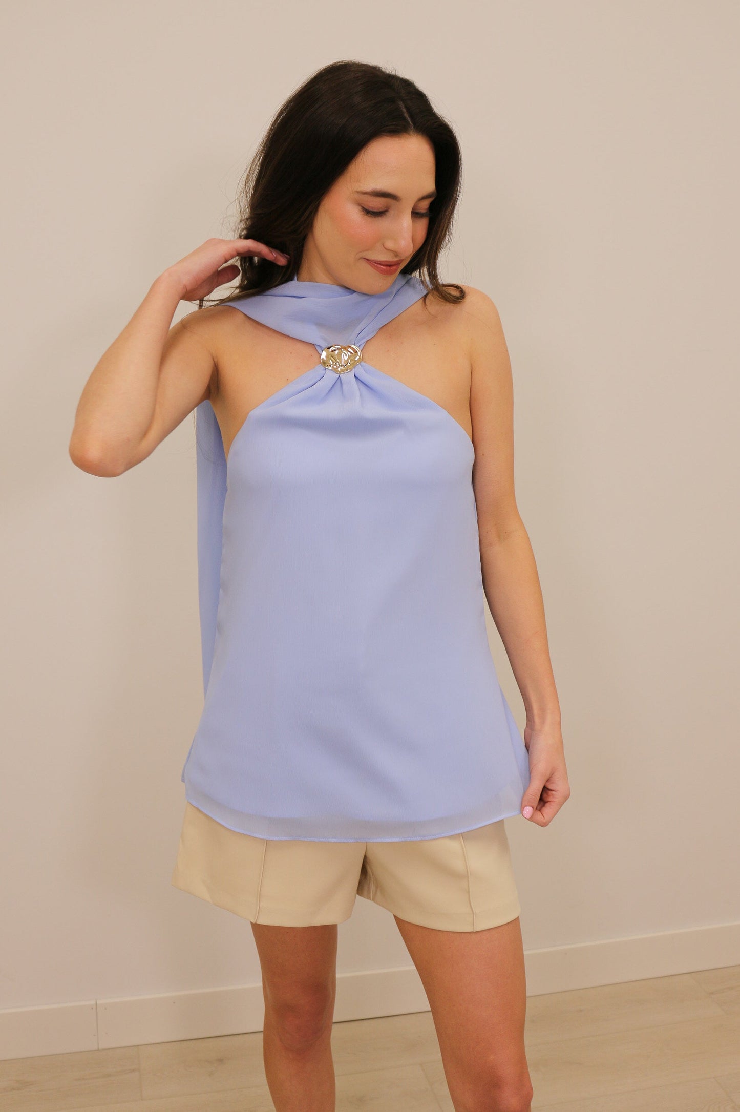 Tegan Silver Hardware Draped Shoulder Halter Top - Light Ice Blue