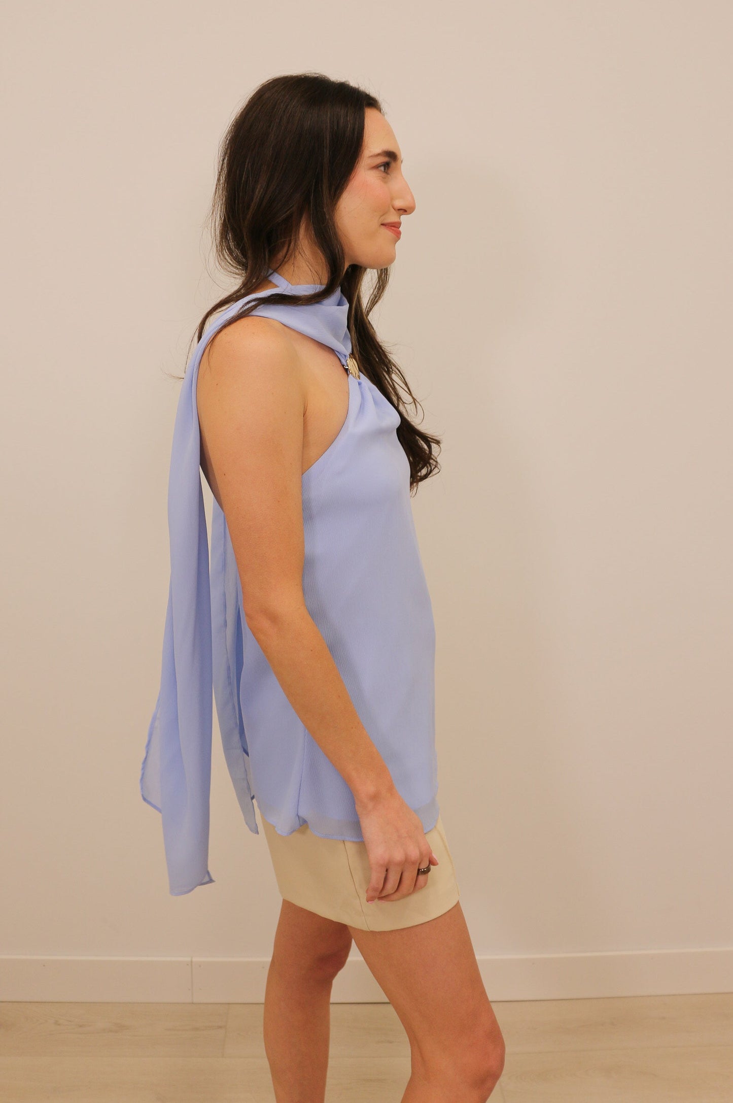 Tegan Silver Hardware Draped Shoulder Halter Top - Light Ice Blue