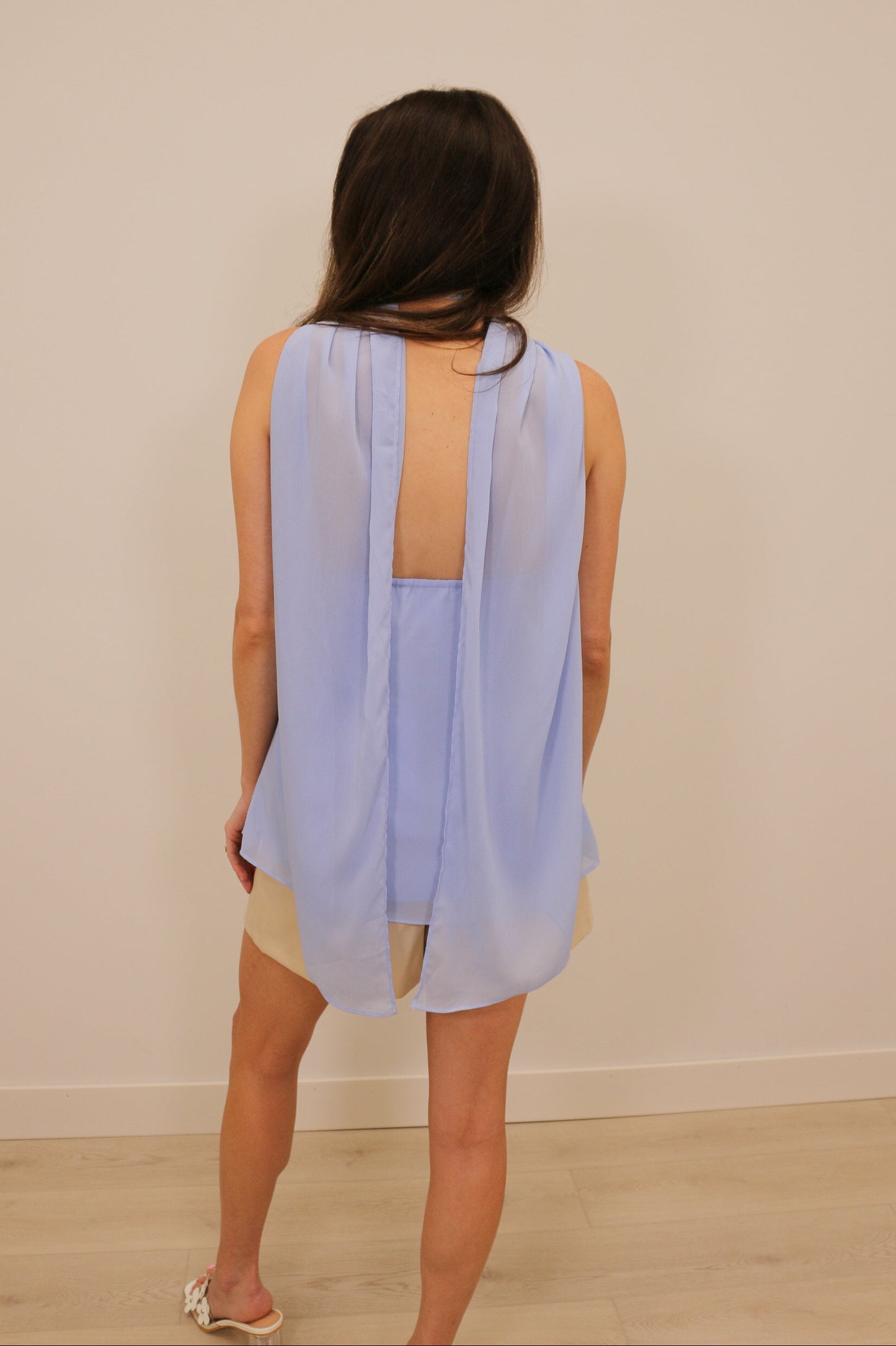 Tegan Silver Hardware Draped Shoulder Halter Top - Light Ice Blue