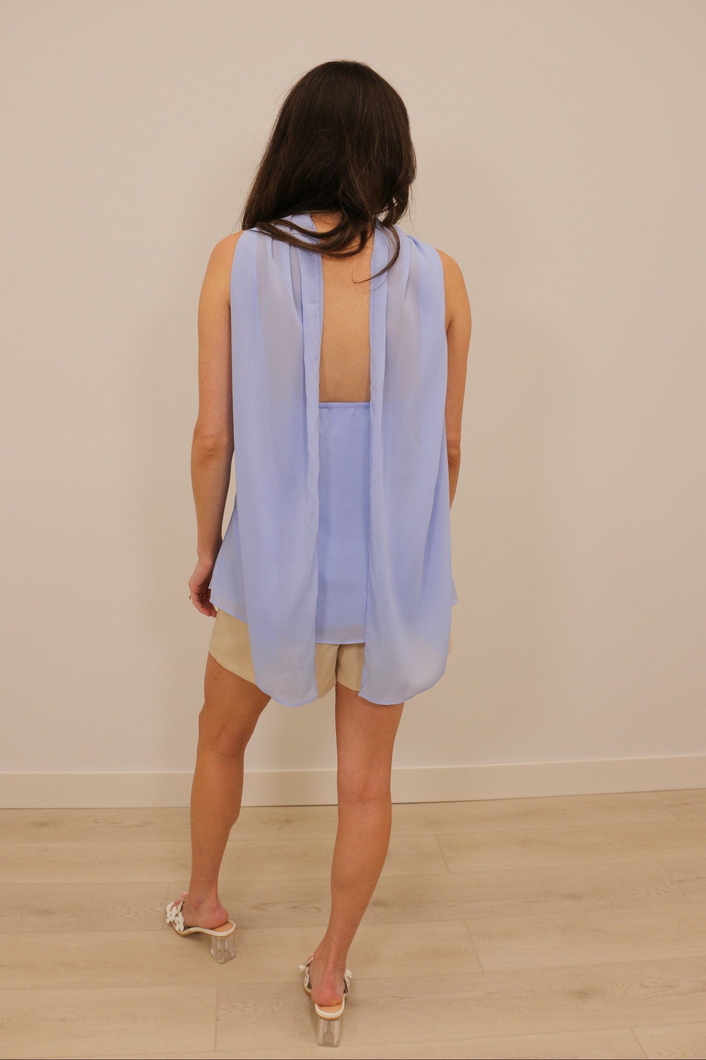 Tegan Silver Hardware Draped Shoulder Halter Top - Light Ice Blue