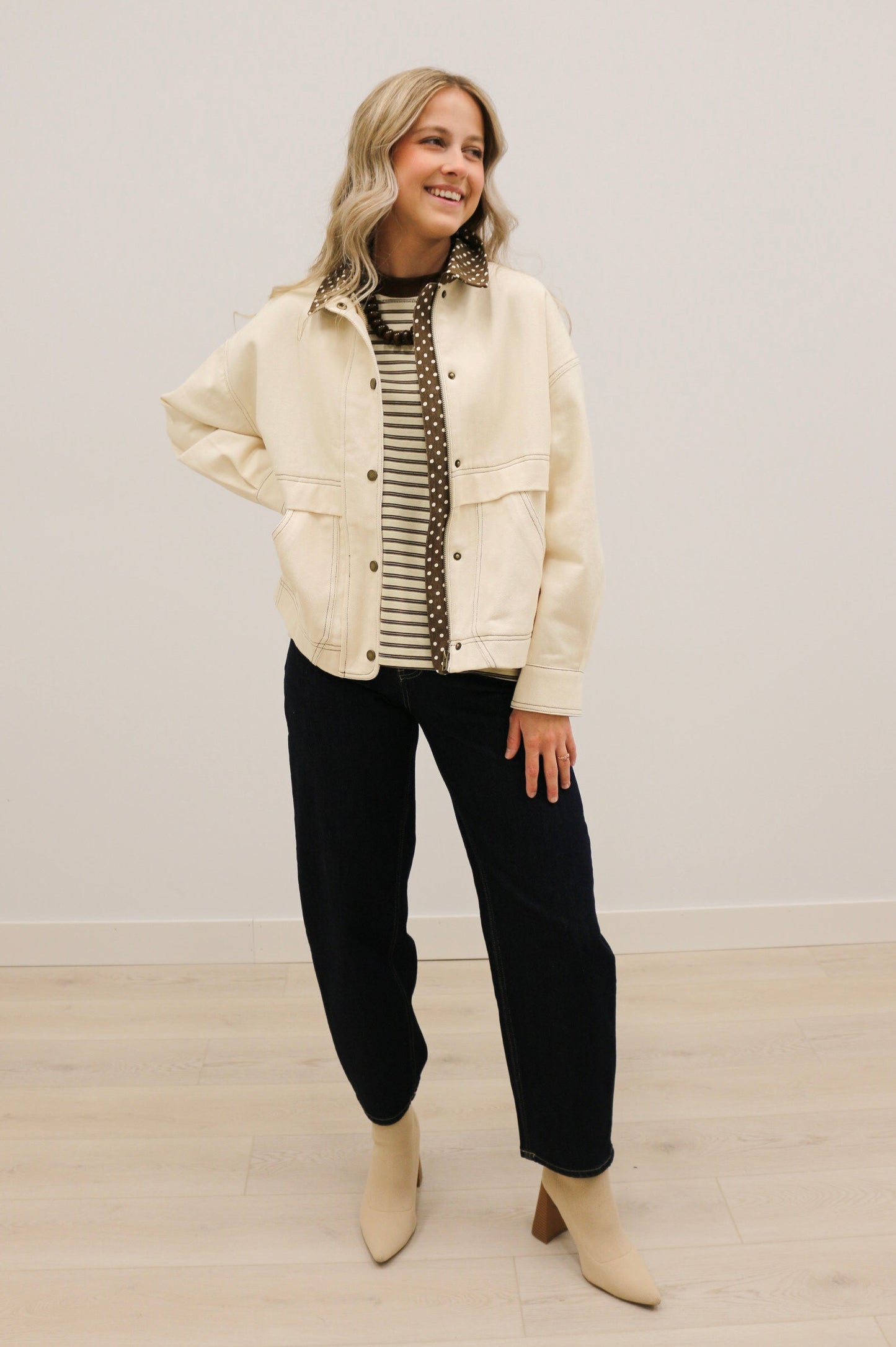 Tenley Polka Dot Trim Barn Jacket - Ecru Brown
