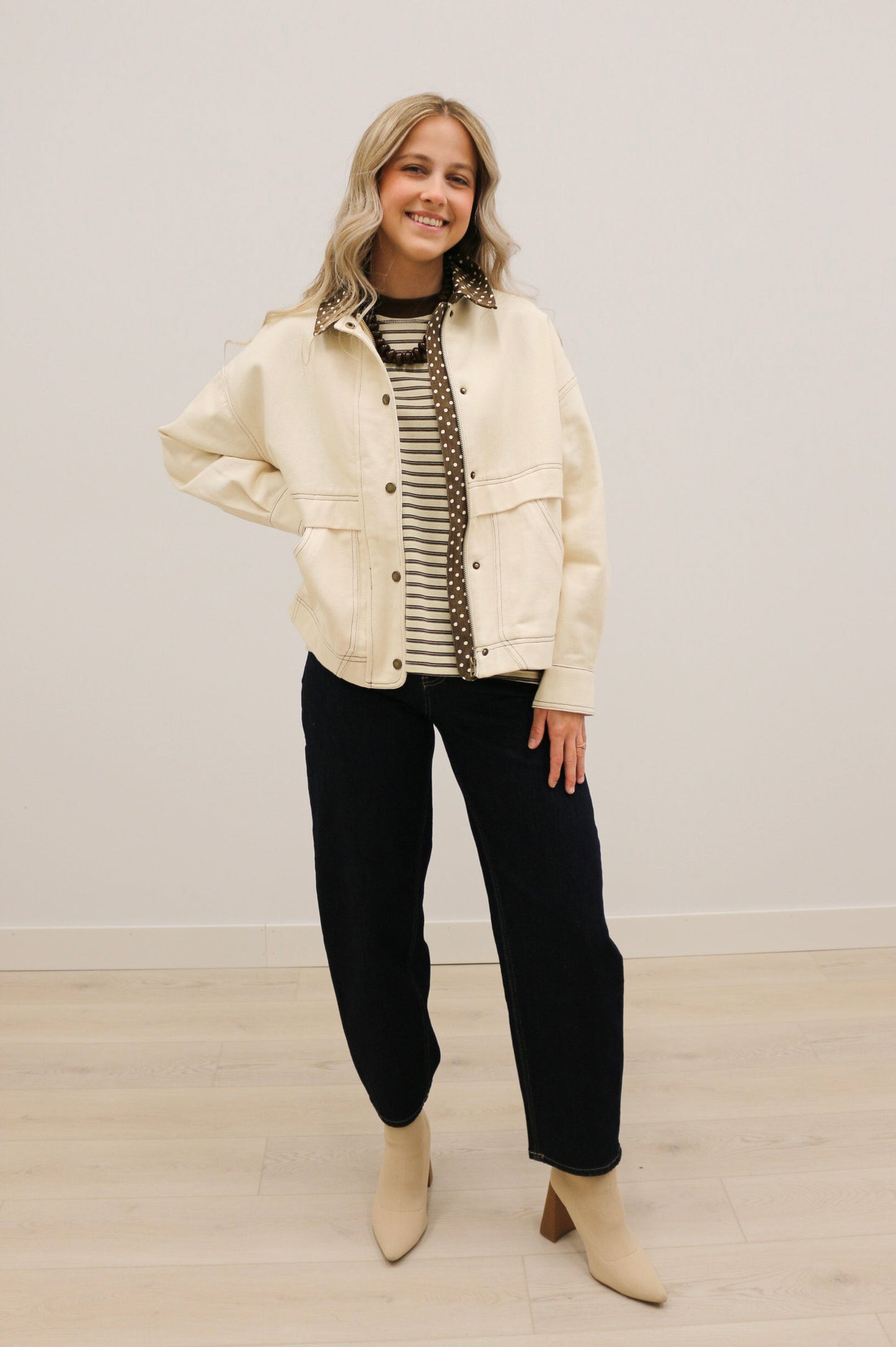 Tenley Polka Dot Trim Barn Jacket - Ecru Brown