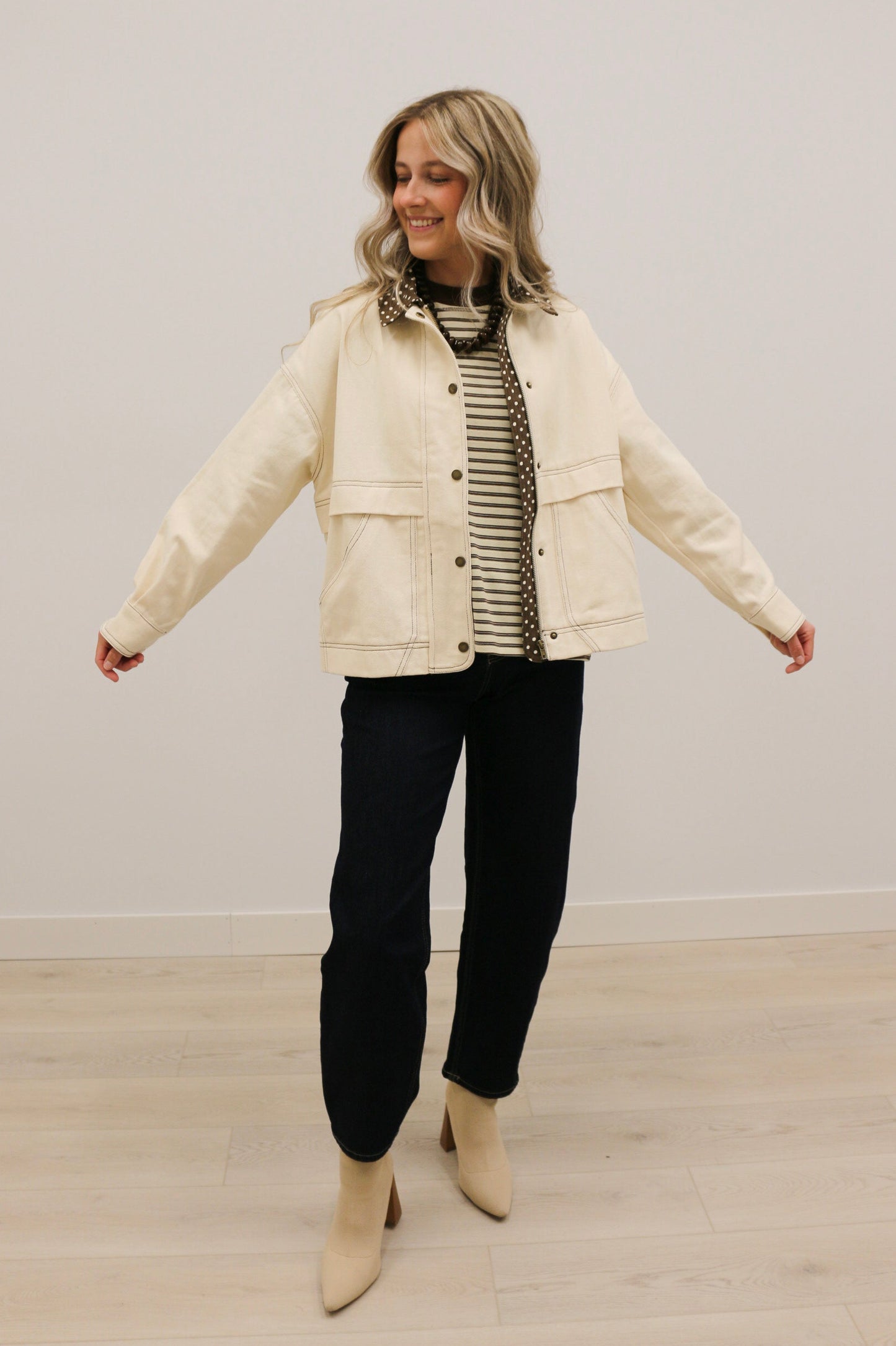 Tenley Polka Dot Trim Barn Jacket - Ecru Brown