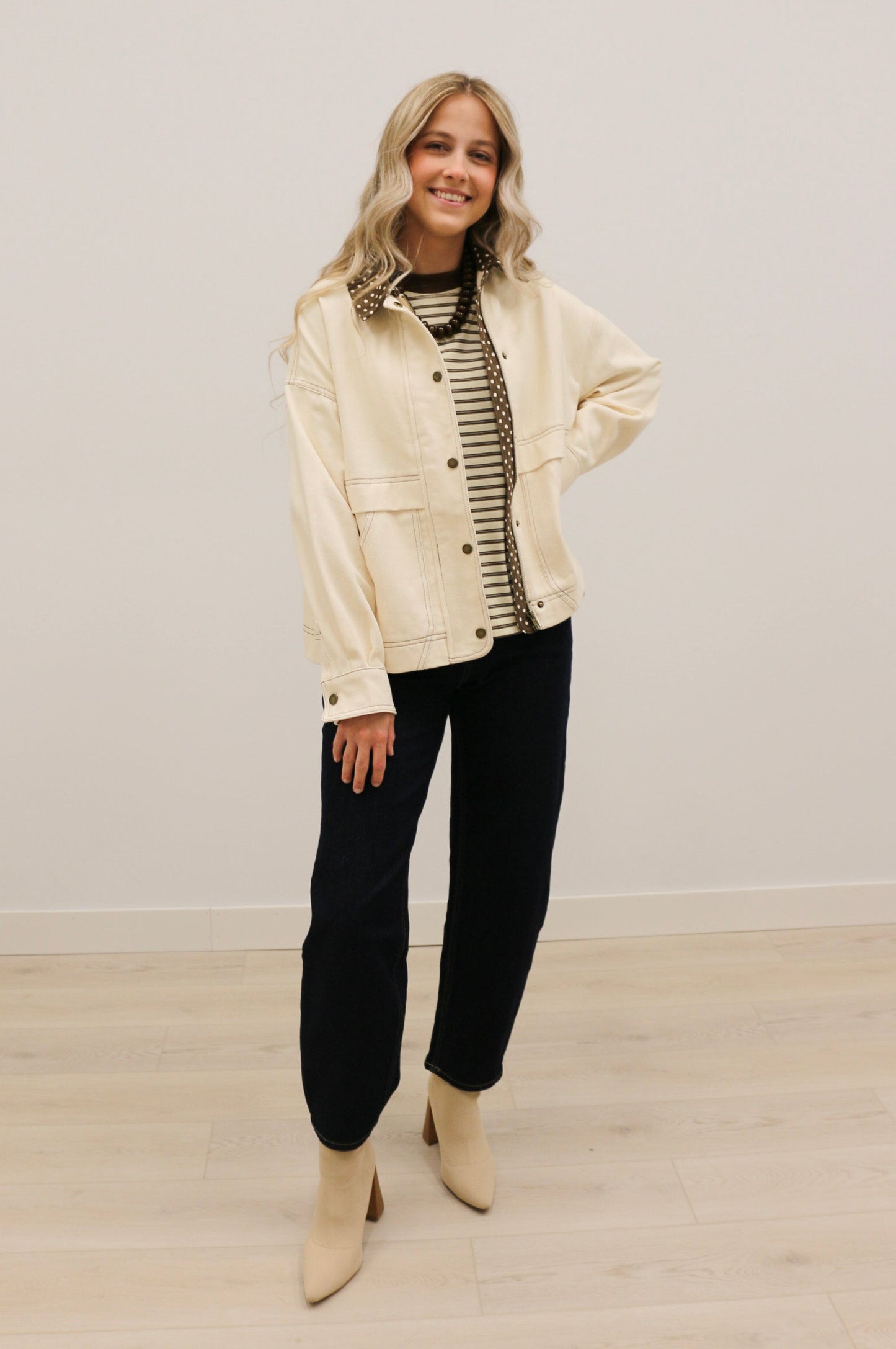Tenley Polka Dot Trim Barn Jacket - Ecru Brown