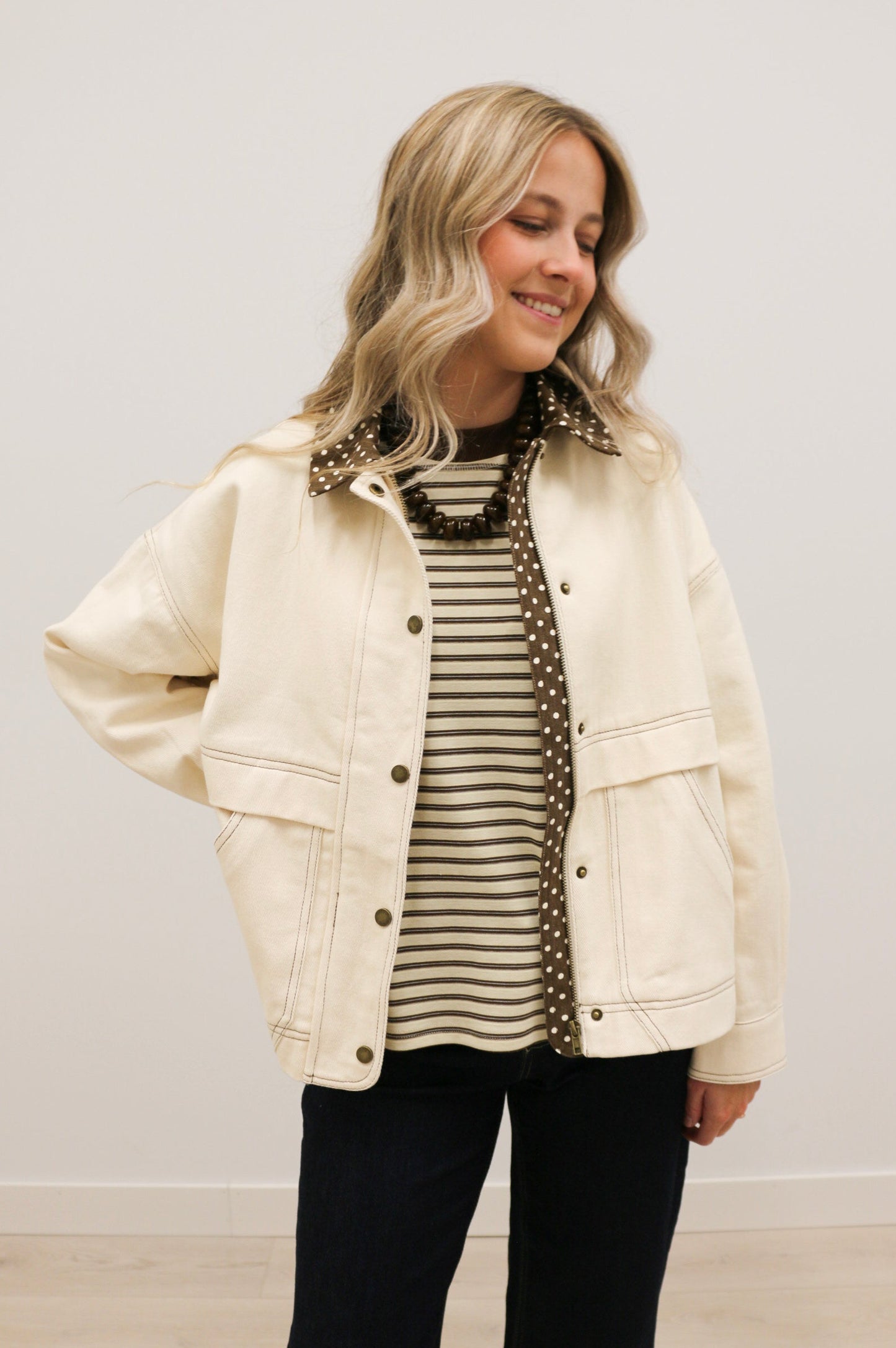 Tenley Polka Dot Trim Barn Jacket - Ecru Brown