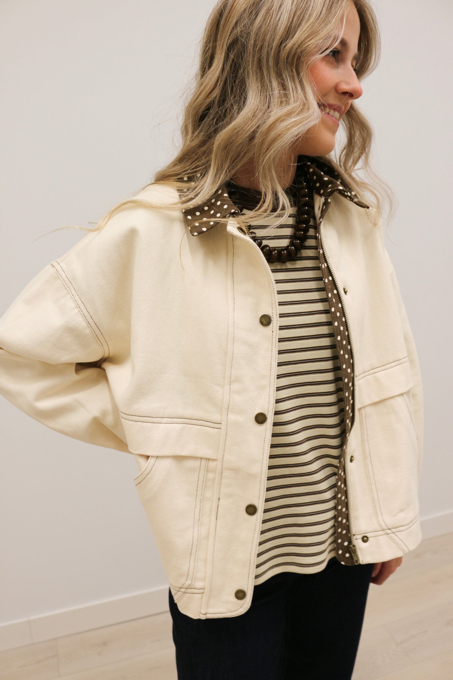 Tenley Polka Dot Trim Barn Jacket - Ecru Brown