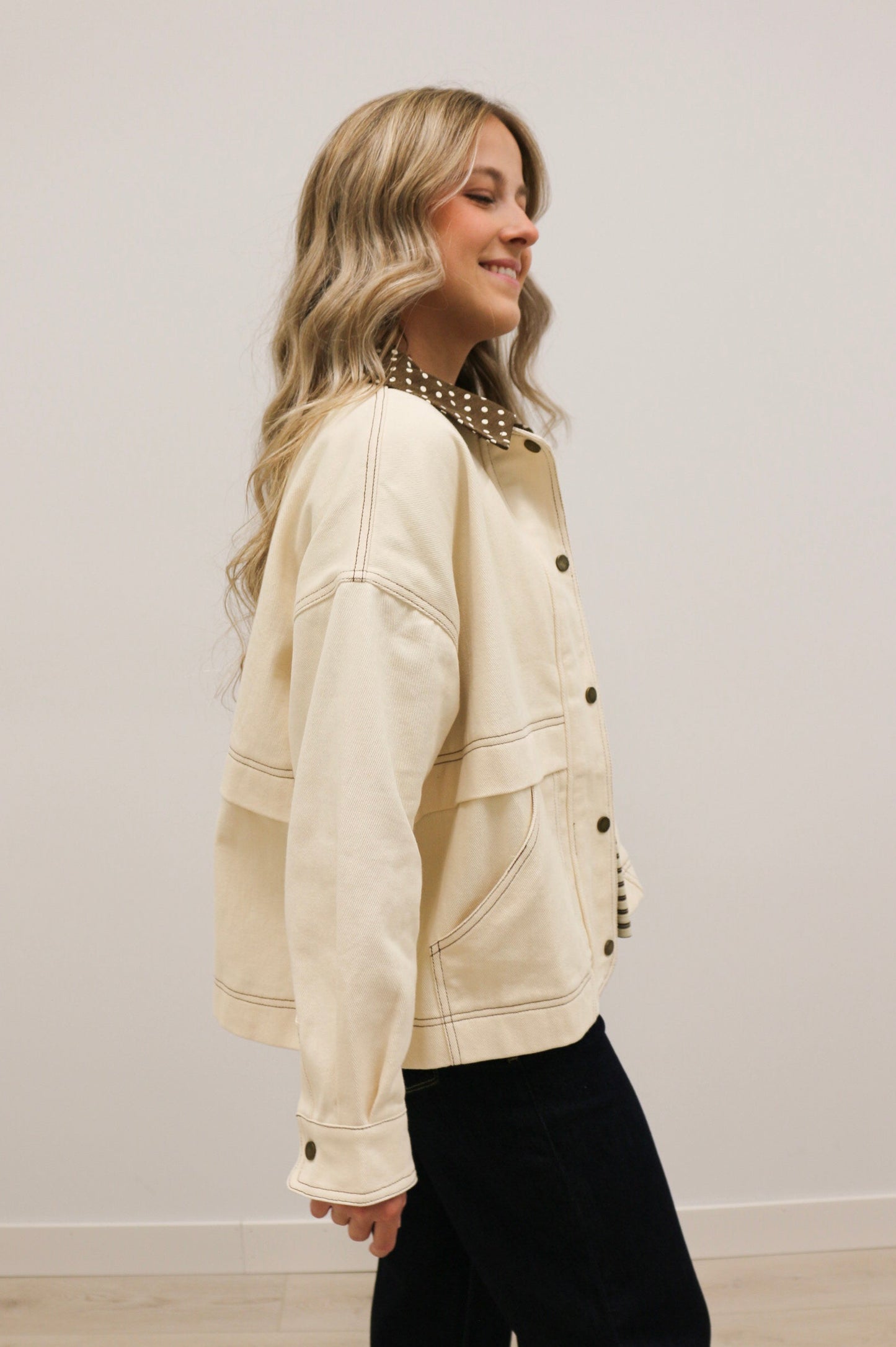 Tenley Polka Dot Trim Barn Jacket - Ecru Brown