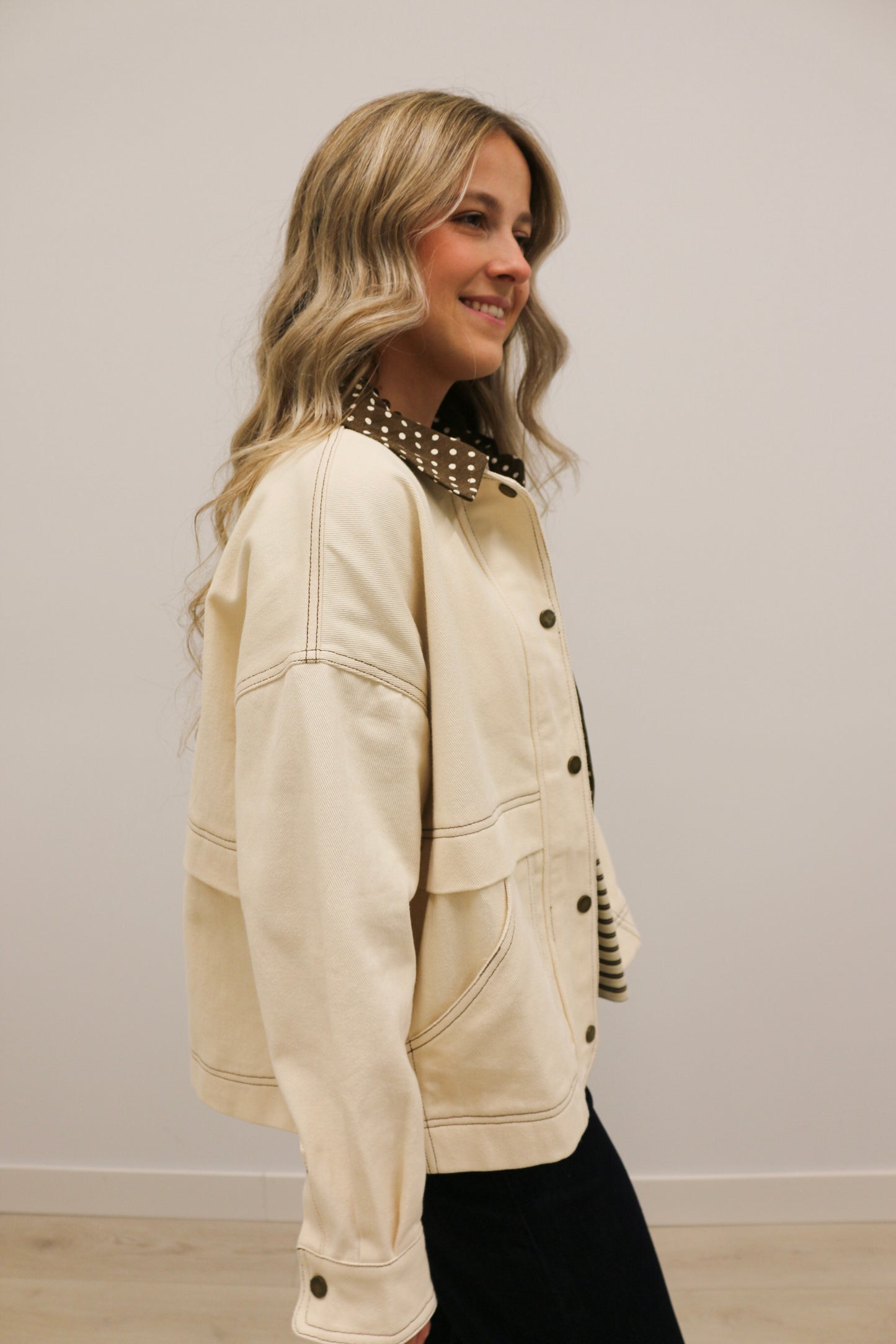 Tenley Polka Dot Trim Barn Jacket - Ecru Brown