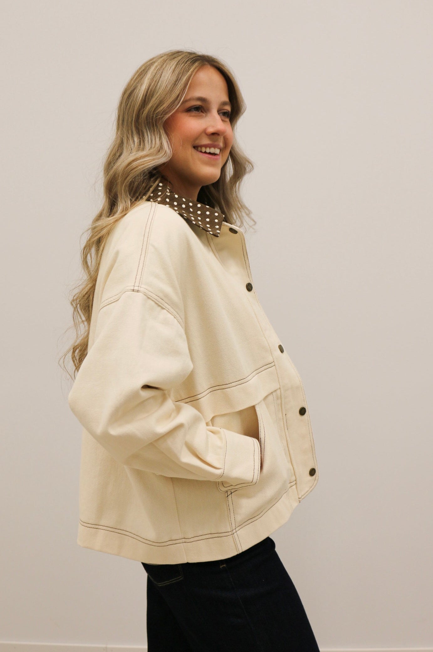 Tenley Polka Dot Trim Barn Jacket - Ecru Brown