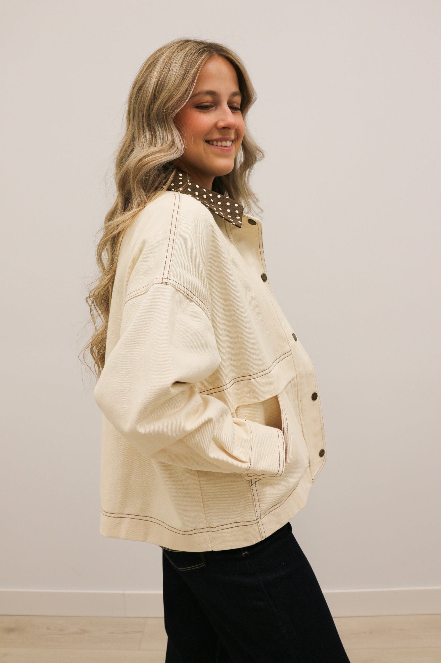 Tenley Polka Dot Trim Barn Jacket - Ecru Brown