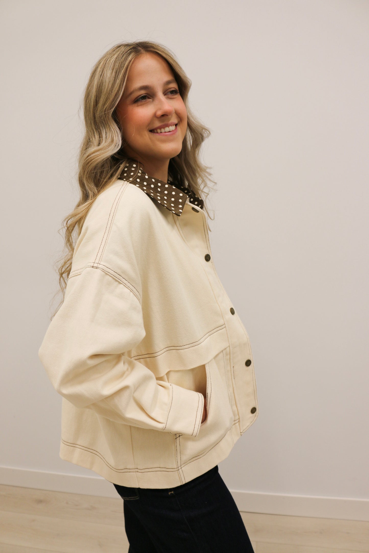 Tenley Polka Dot Trim Barn Jacket - Ecru Brown