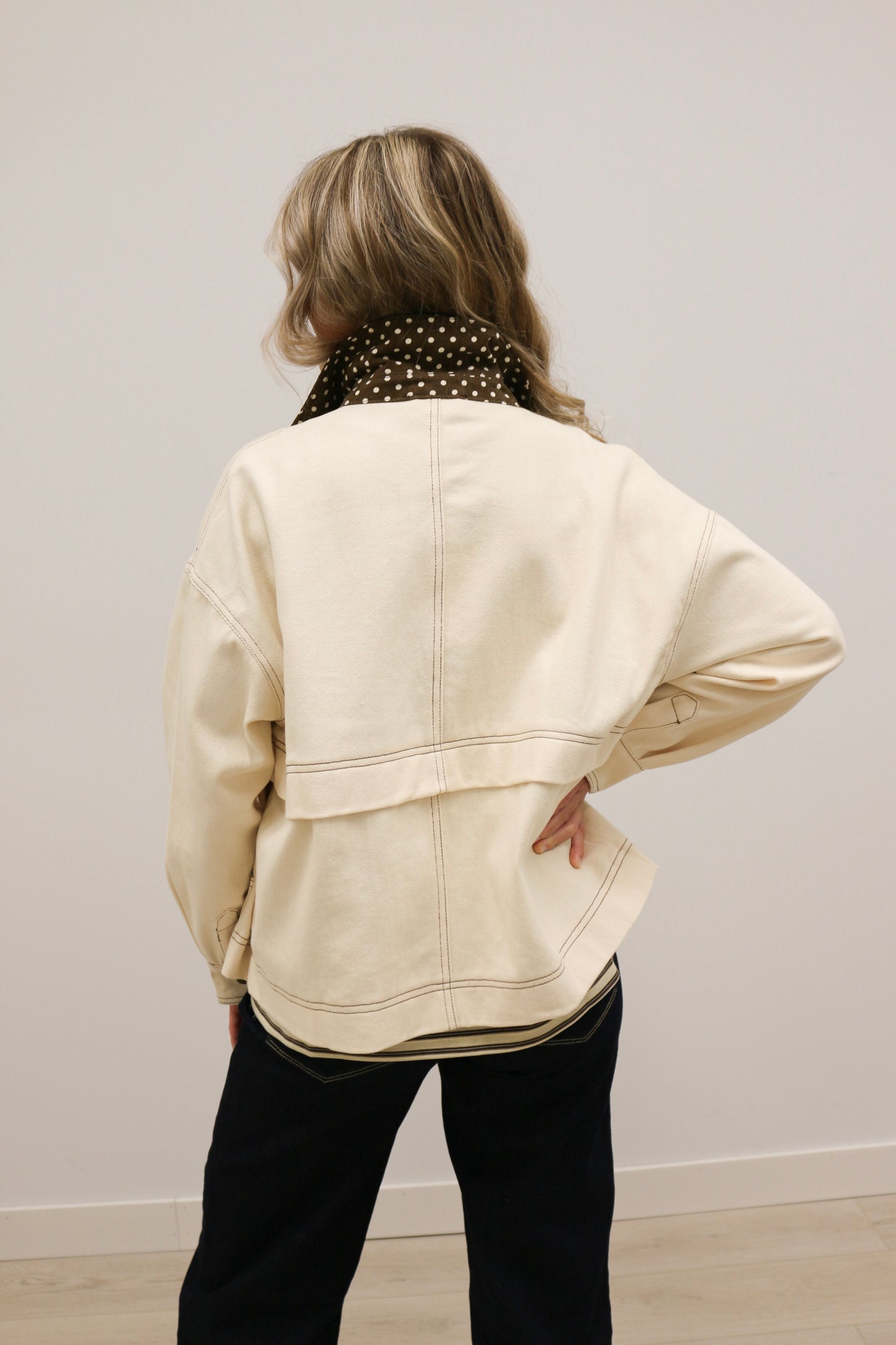 Tenley Polka Dot Trim Barn Jacket - Ecru Brown