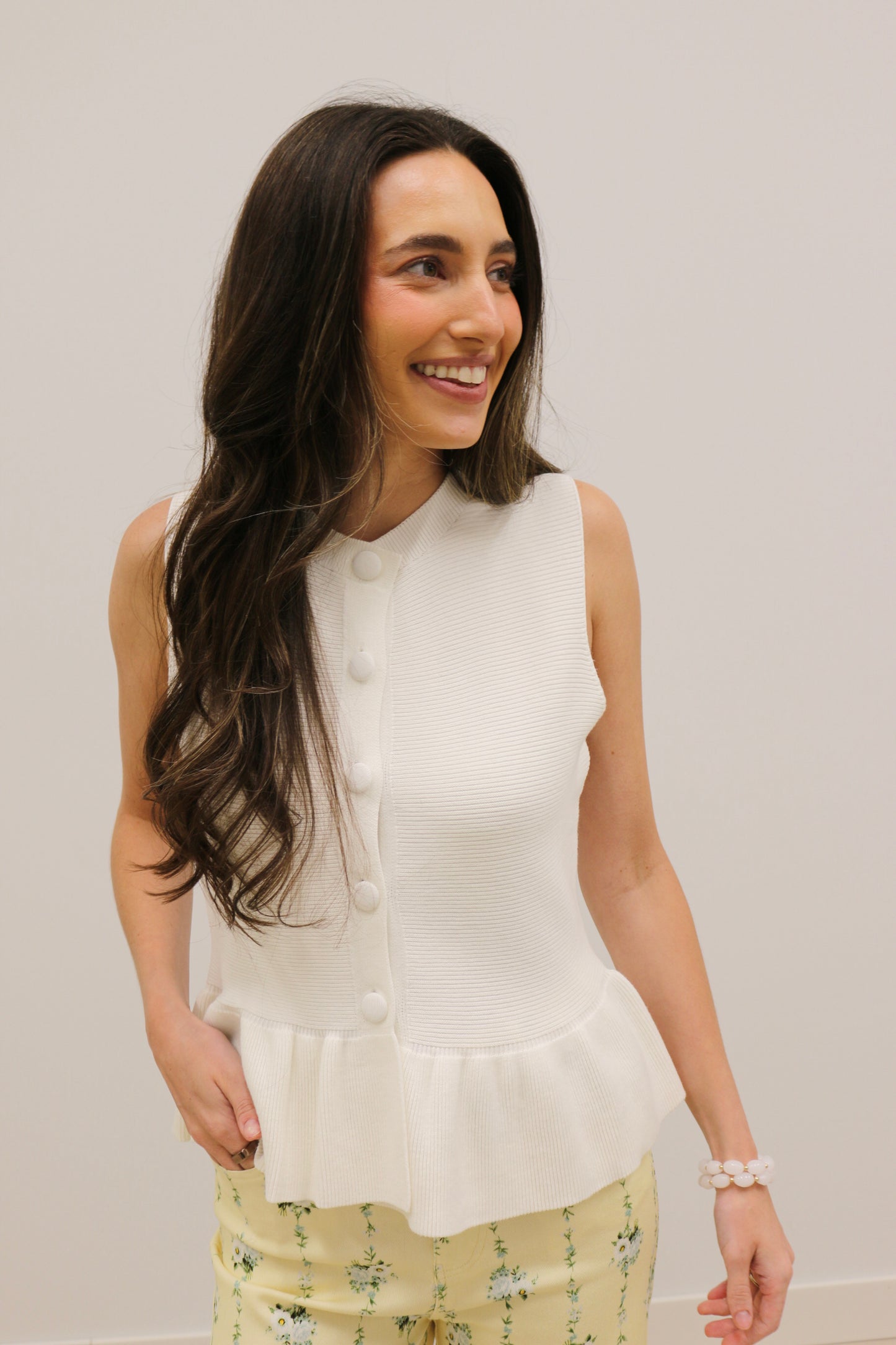 Thea Button Front Sleeveless Knit Peplum Top - Off White