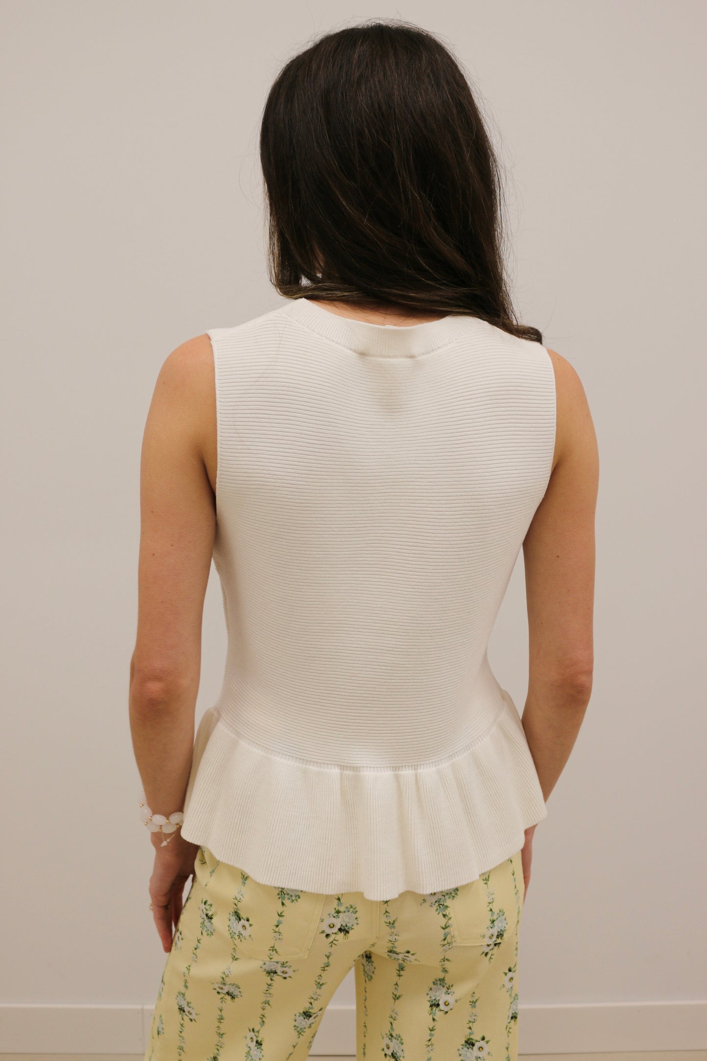 Thea Button Front Sleeveless Knit Peplum Top - Off White