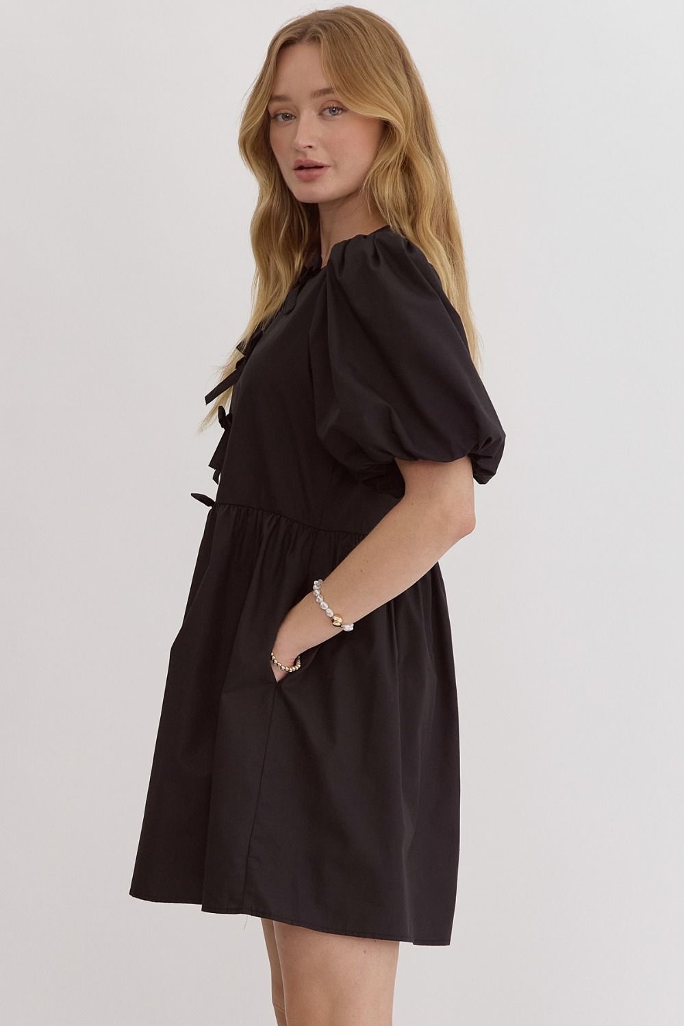 Bow Front Bubble Sleeve Mini Dress - Black