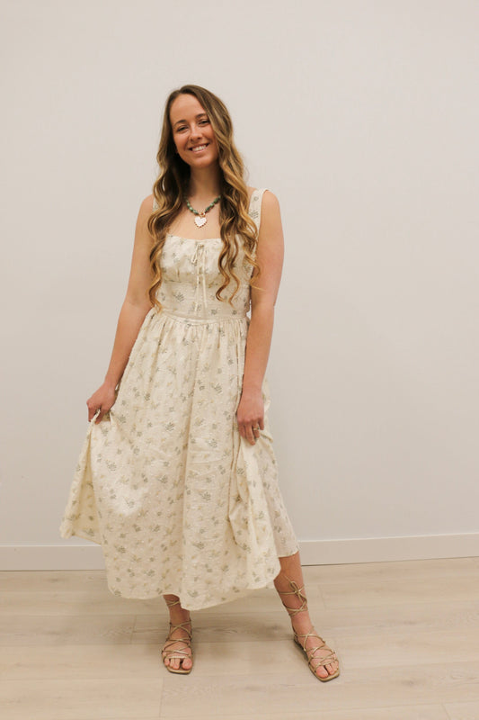 Tiff Botanical Motif Corset Sleeveless Midi Dress - Cream Multi