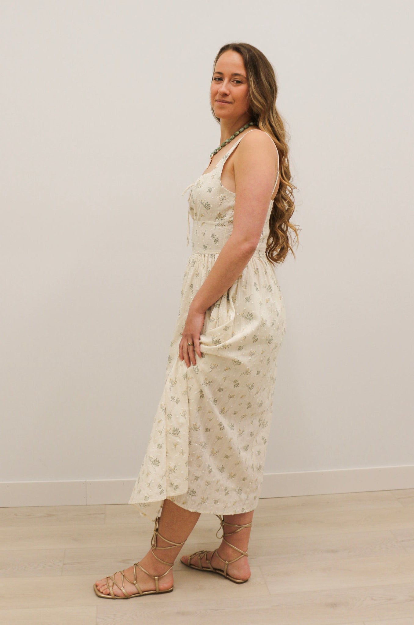 Tiff Botanical Motif Corset Sleeveless Midi Dress - Cream Multi