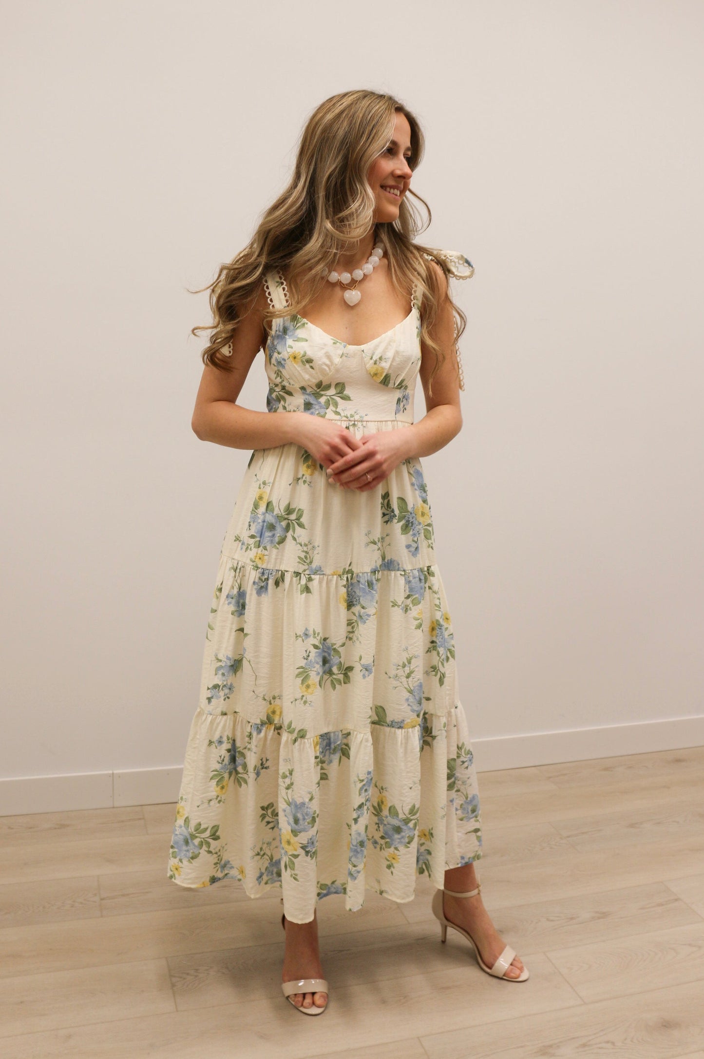 Tulah Floral Tie Strap Tiered Midi Dress - Blue Yellow Multi