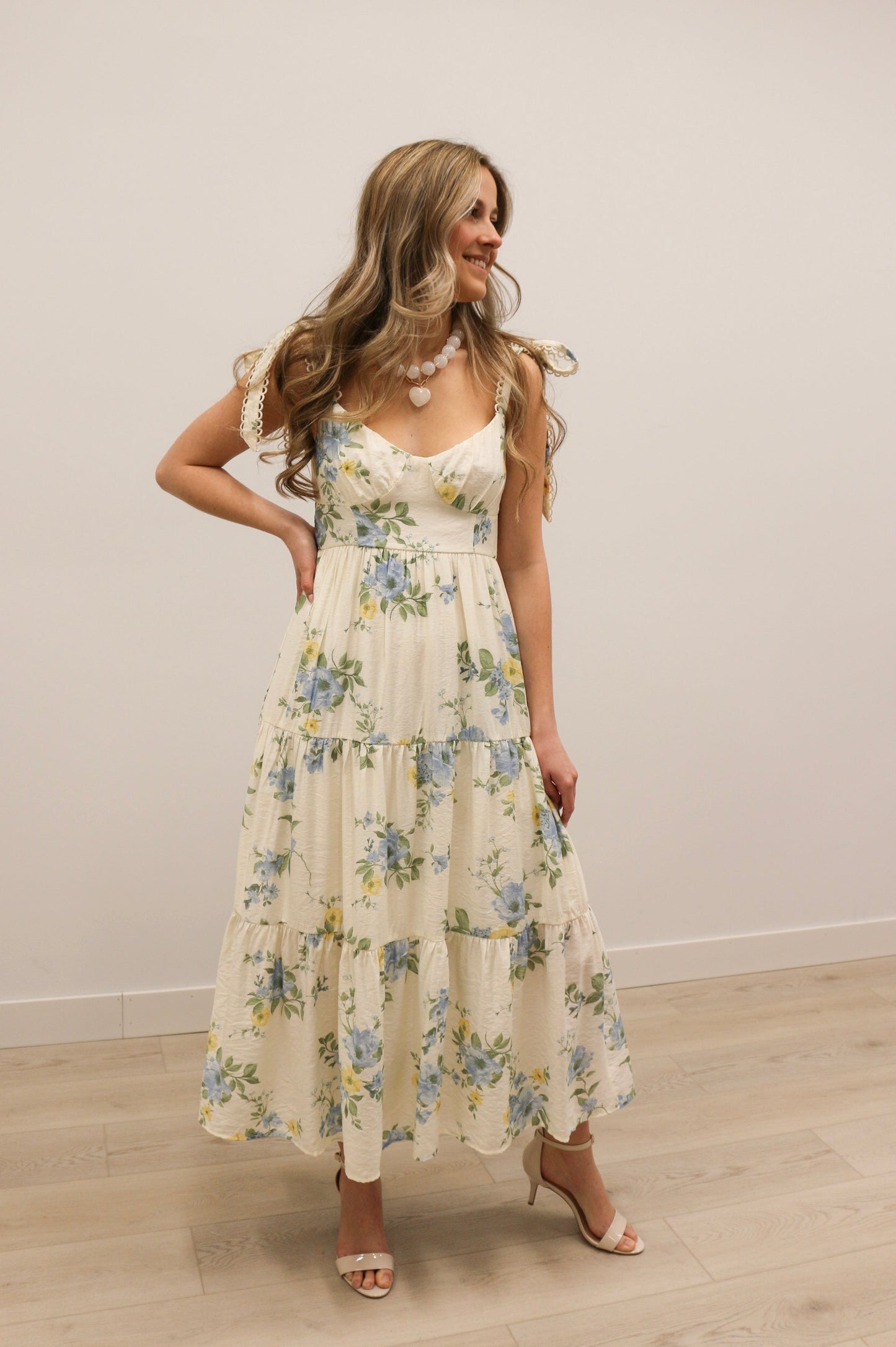 Tulah Floral Tie Strap Tiered Midi Dress - Blue Yellow Multi