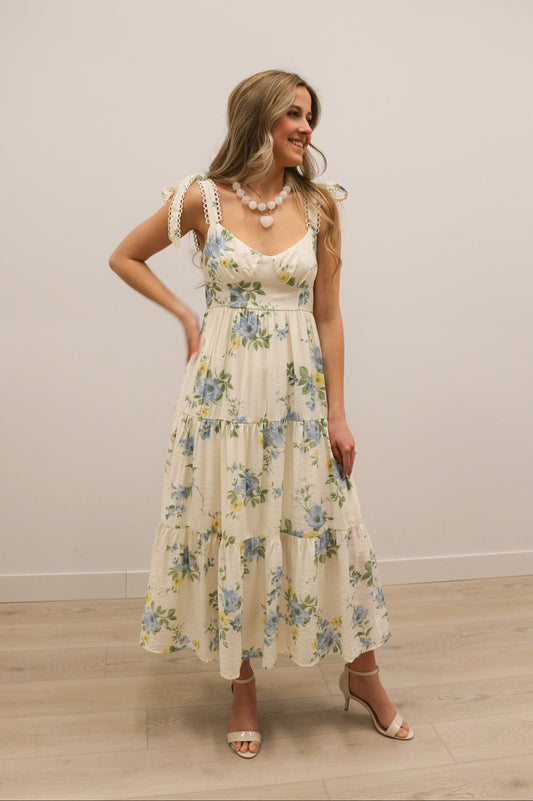 Tulah Floral Tie Strap Tiered Midi Dress - Blue Yellow Multi