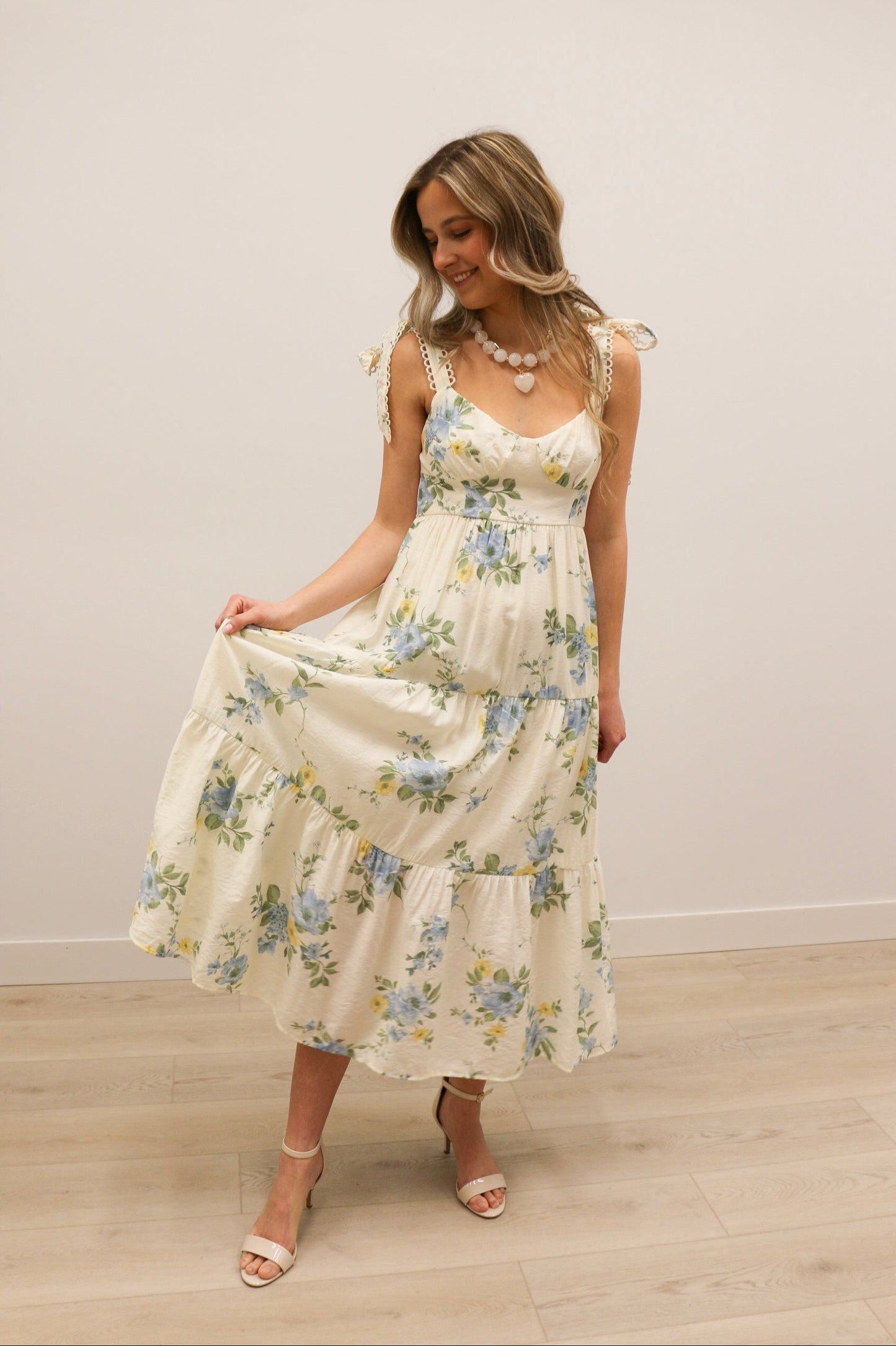 Tulah Floral Tie Strap Tiered Midi Dress - Blue Yellow Multi