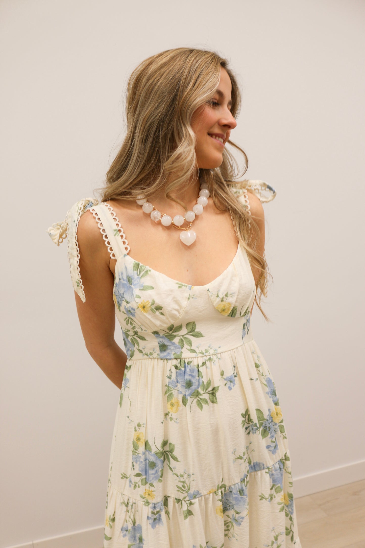 Tulah Floral Tie Strap Tiered Midi Dress - Blue Yellow Multi