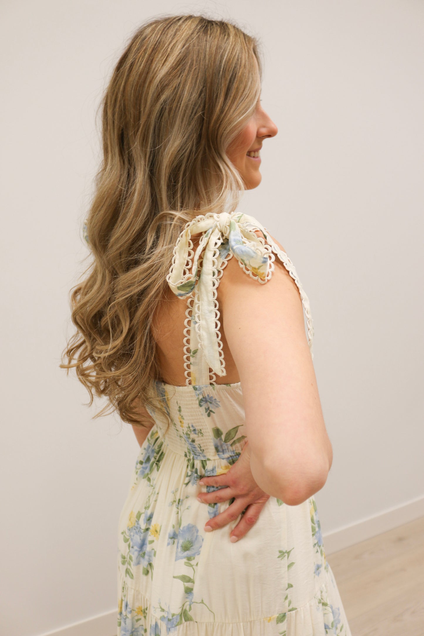 Tulah Floral Tie Strap Tiered Midi Dress - Blue Yellow Multi