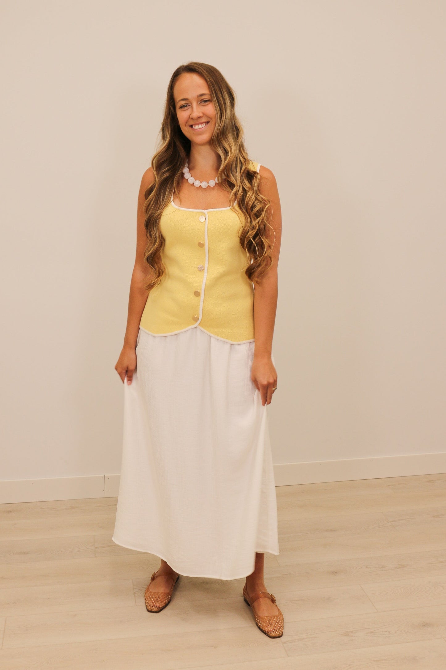 Valentina Button Front Contrast Trim Knit Tank - Yellow
