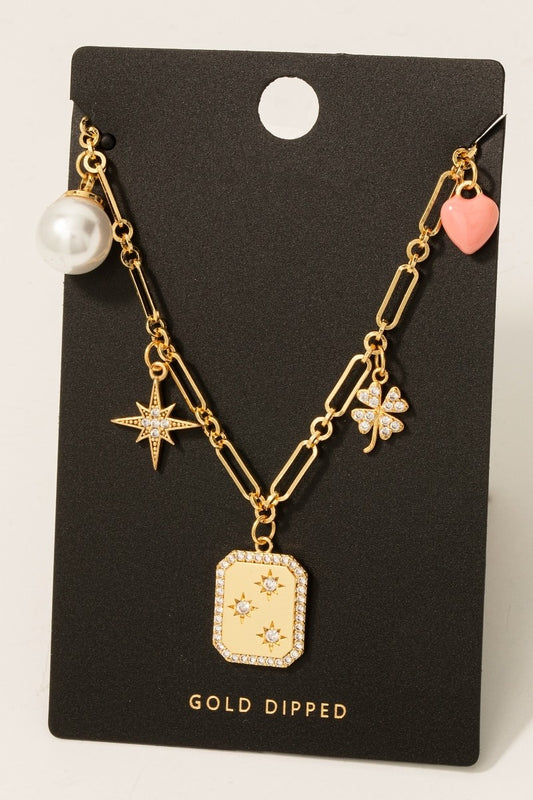 Multi Charm Gold Dipped Paperclip Necklace - Pink Multi