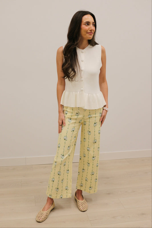Valery Vertical Floral Print Wide Leg Cropped Pants - Yellow Multi