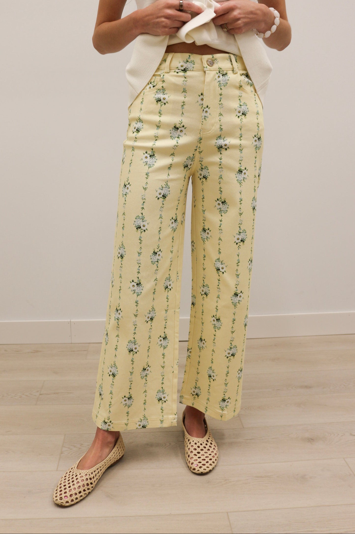 Valery Vertical Floral Print Wide Leg Cropped Pants - Yellow Multi